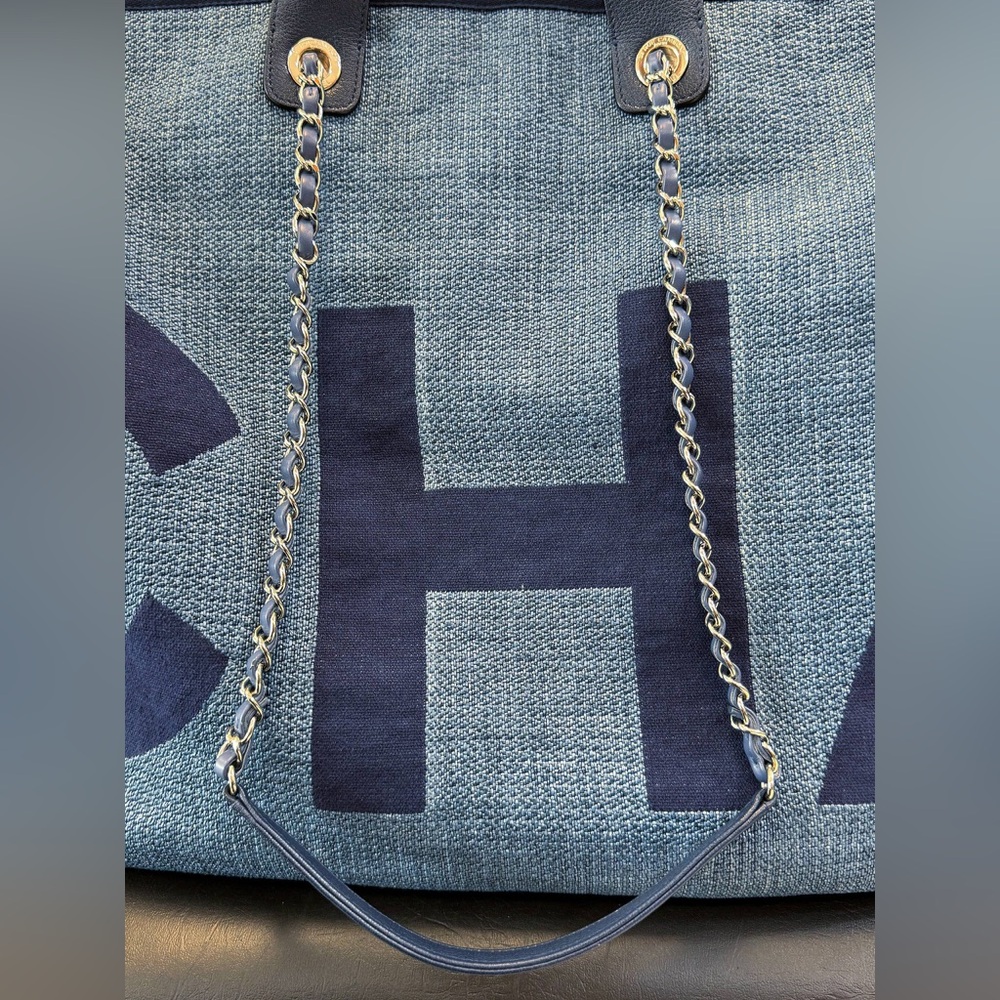 CHANEL Denim Deauville Logo Shopping Chain Tote Large Bag & Card - Picture 4 of 13